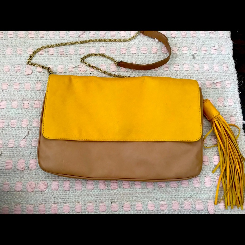 Large Leather golden yellow and beige purse with tassel
